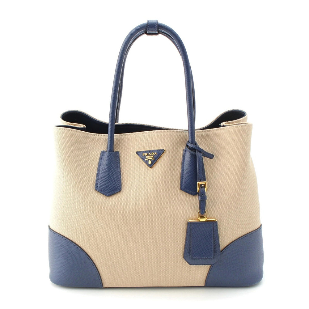Prada Canapa Saffiano Double Bag Handbag Navy Blue Beige Cream